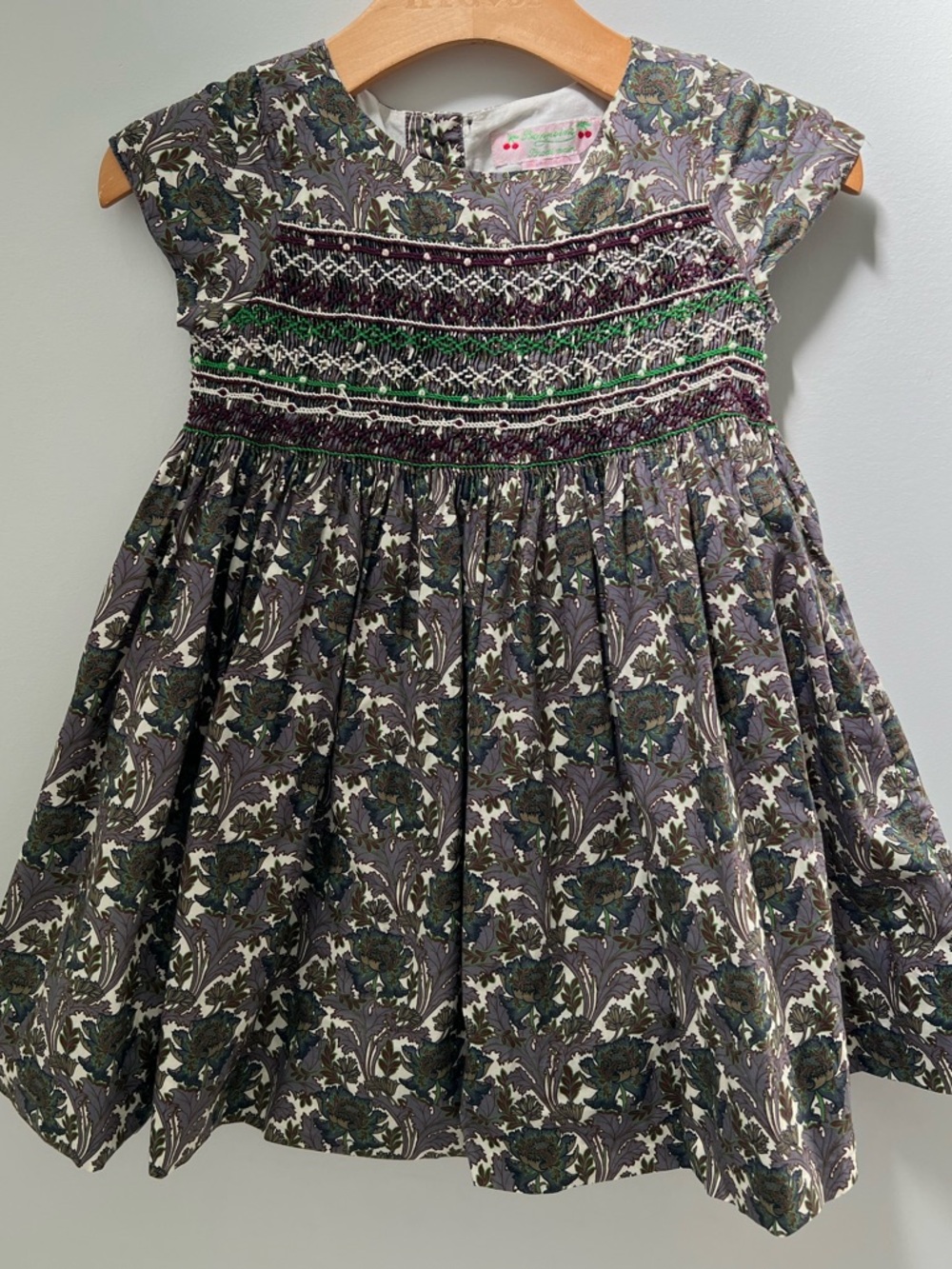 Bonpoint Green & Purple Floral Smocked Duchess Cap-Sleeve Dress
